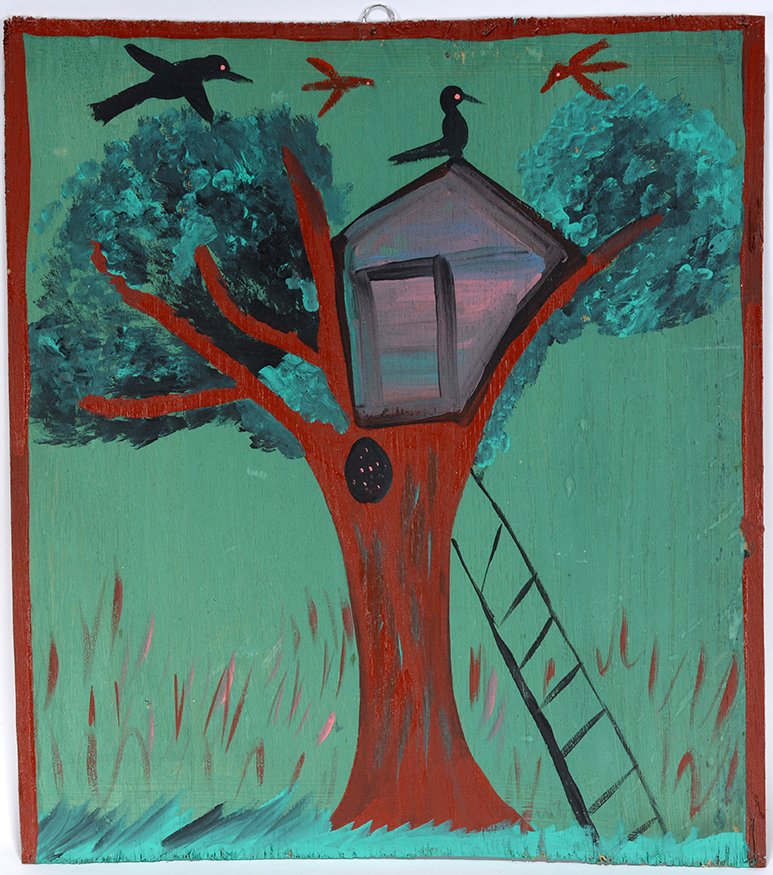Willie Mae Tolliver. Tree House.: Willie Mae Tolliver. Tree House. Initialed. Paint on wood paneling. Excellent condition. 20” x 22”. Est. $200-300. Ship: $45