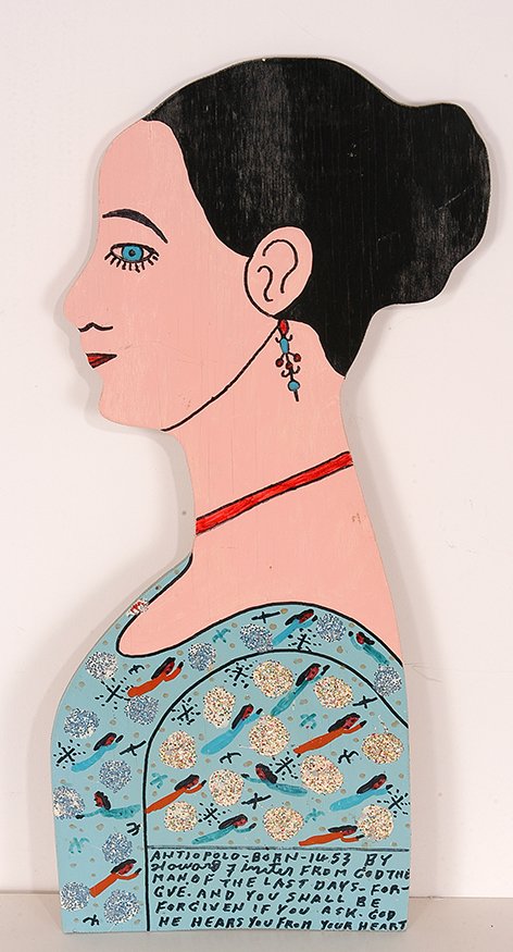 Howard Finster. Antiopolo.: Howard Finster. Antiopolo. 1993. #28,017. Signed, dated and numbered. Paint, marker and glitter on cut out board. 9.5” w x 20”h. Est. $400-600. Ship: $35