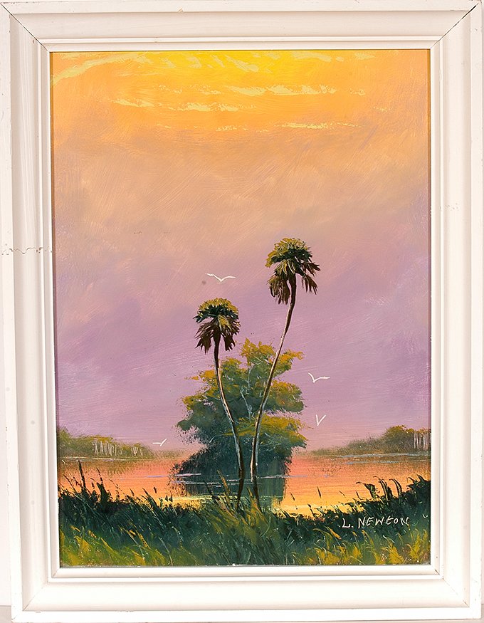 Lemuel Newton - Highwaymen. Yellow & Purple Sky.: Lemuel Newton - Highwaymen. Yellow and Purple Sky On Hammock. Signed. Oil on masonite. 21”w x 27.5”h with artist made moulding frame. Excellent condition. Est. $300-500. Ship: $55