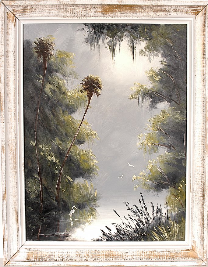Lemuel Newton - Highwaymen. Cranes In The River.: Lemuel Newton - Highwaymen. Cranes In The River. Signed. Oil on masonite. 21.5” w x 28” h with artist made crown moulding frame. Est. $300-500. Ship: $55
