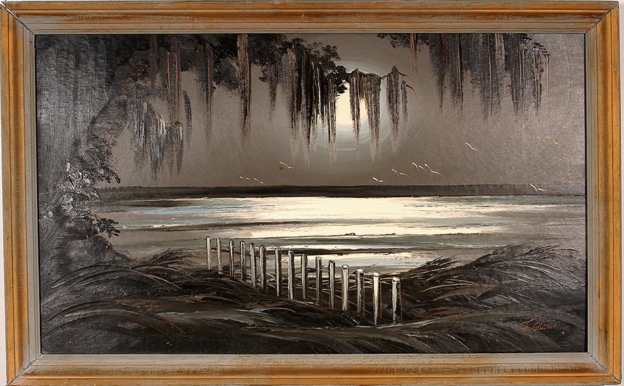 James Gibson - Highwaymen. Seagrass In The Atlantic.: James Gibson - Highwaymen. Seagrass In The Atlantic At Night. Signed. Oil on upson board. 40” w x 25”h with moulding frame. Very good condition. Est. $300-500. Ship: $85