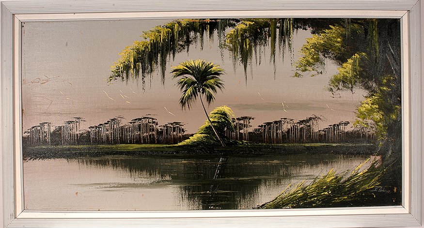 James Gibson - Highwaymen. FL Bay In Gray & Yellow.: James Gibson - Highwaymen. Florida Bay In Gray and Yellow. Signed. Oil on upson board. 53” w x 29”h with store-bought frame. Some slight damage to sides, otherwise good condition. Est. $300-500. S