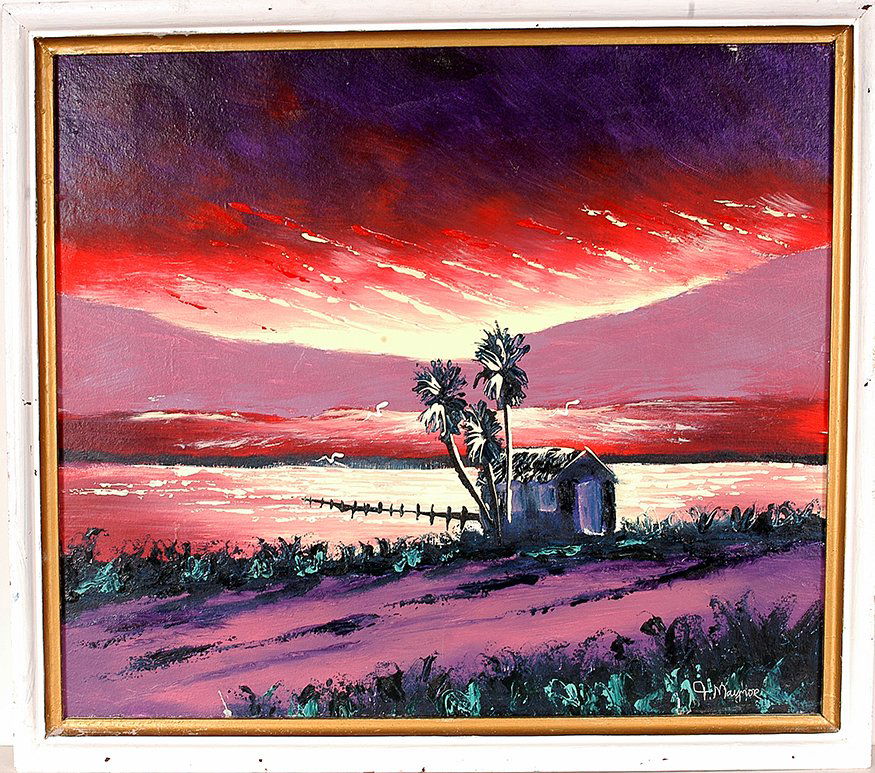 John Maynor - Highwaymen. Shack On Waterway.: John Maynor - Highwaymen. Shack On Waterway. Signed. Oil on upson board. Very early piece. 25.5”w x 23”h with artist made moulding frame. Good condition. Est. $300-500. Ship: $55