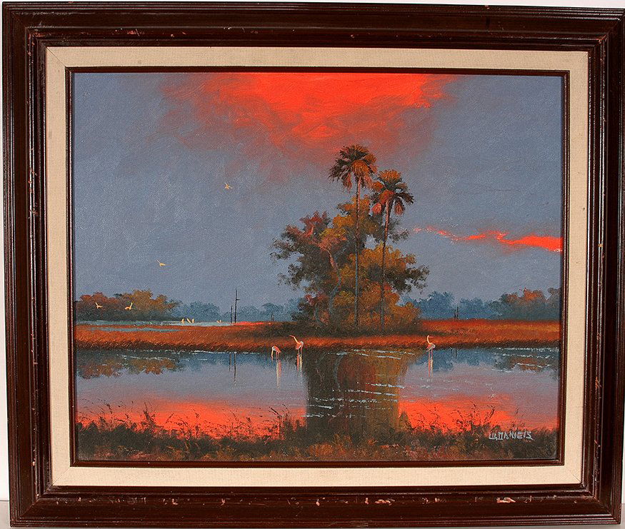 Willie Daniels - Highwaymen. Late Evening Red Sky.: Willie Daniels - Highwaymen. Late Evening Red Sky. Signed. Oil on canvas board. 25” w x 21”h with store-bought frame. Excellent condition. Est. $300-500. Ship: $55
