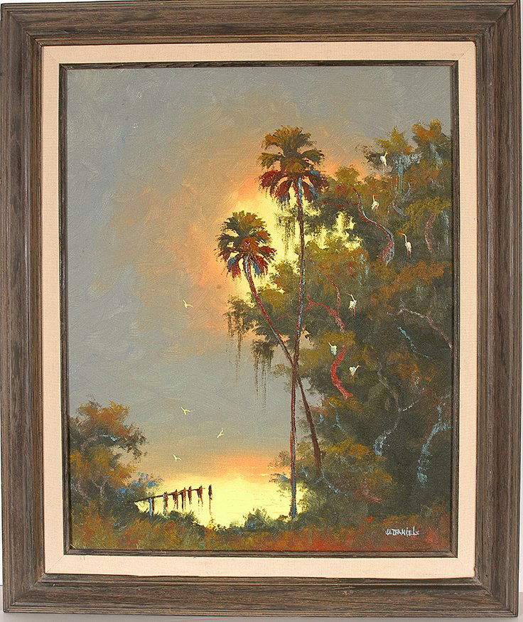 Willie Daniels - Highwaymen. Palms At Sunset.: Willie Daniels - Highwaymen. Palms At Sunset. Signed. Oil on canvasboard. 16” w x 20”h. Store-bought frame is 21”w x 25”h. Est. $300-500. Ship: $45