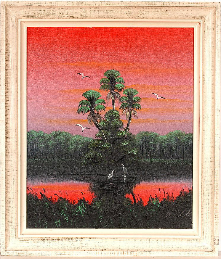 Al Black - Highwaymen. Birds Over Florida Swamp.: Al Black - Highwaymen. Birds And Trees Over Florida Swamp. Signed. Oil on canvas board. 24.5” w x 28.5”h including moulding frame. Excellent condition. Est. $100-300. Ship: $55