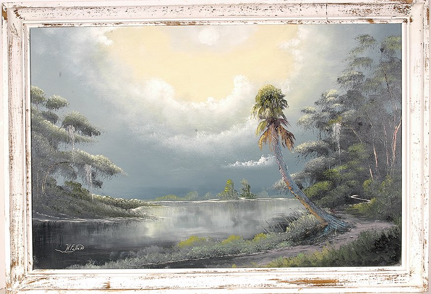 Horace Foster - Highwaymen-Style. Clearing Storm.: Horace Foster - Highwaymen-Style. Clearing Storm. Signed. Oil on upson board. 39” w x 27”h including crown moulding frame. Excellent condition. Est. $100-300. Ship: $65