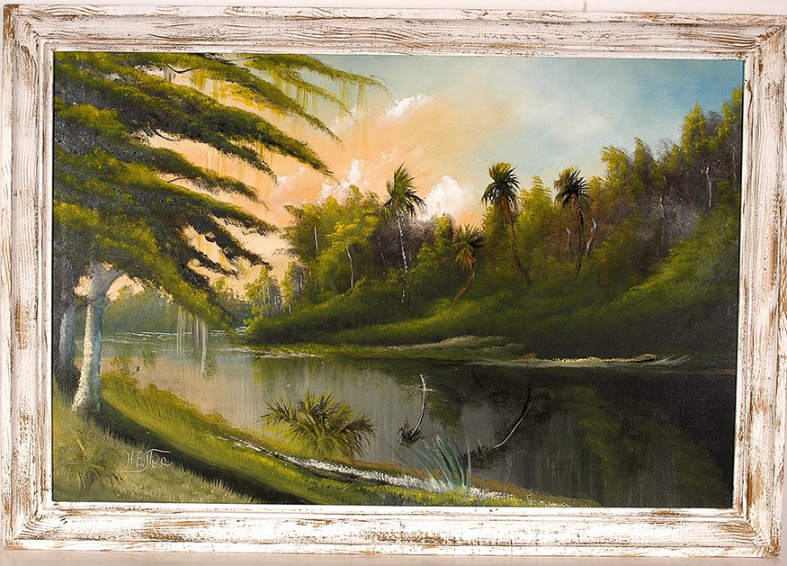 Horace Foster - Highwaymen-Style. Inland FL Waterway.: Horace Foster - Highwaymen-Style. Inland Florida Waterway. Signed. Oil on upson board. 39” w x 27”h including moulding frame. Excellent condition. Est. $100-300. Ship: $65