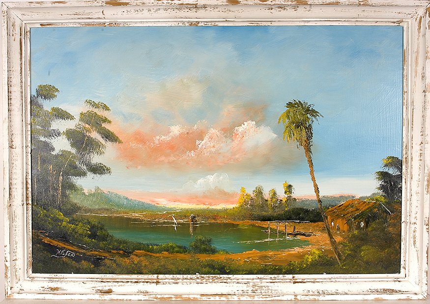 Horace Foster - Highwaymen-Style. Shack At Pond’s Edge.: Horace Foster - Highwaymen-Style. Shack At Pond’s Edge In Florida Landscape. Signed. Oil on upson board. 39” w x 27” h including moulding frame. Excellent condition. Est. $100-300. Ship: $65