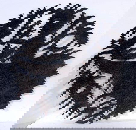 Louis Haitian Fisherman and Mermaid: Fisherman and Mermaid. The name, "Louis" is pounded into the metal. Haitian Oil drum cut out, 24" diameter. Est. $200-400 Shipping $20