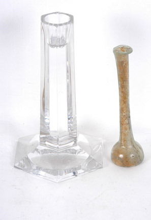 Rare Candleholders: One is said to be c. 100 b.c. Egyptial Viel Candlestick. The other a Frank Lloyd Wright designed Tiffany Candlestick. Both glass. Both rare and valuable. Average size is 6" h. Est. $400-800 Shipping $