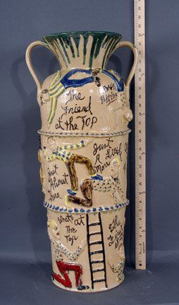 Billy Ray Hussey Large Urn: Billy Ray Hussey "The Friend At the Top" Giant Colorful Urn. 3 handles. 27" h. 360 degrees of highly decorated, colorful and humorous ways to reach heaven. Mint condition. Est. $1,000-3,000 Ship: $65