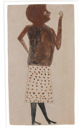 Bill Traylor Woman in Polka Dot Skirt: Bill Traylor, 1854-1947 Woman in Polka Dot Skirt, c. 1939-42. Pencil and poster paint on shirt cardboard. 7.5" w x 13.5" h, archival frame is 15" w x 21.5" h. Highly collectible piece in excellent con