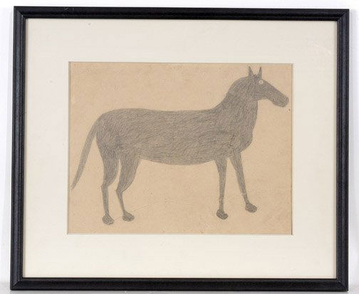 Bill Traylor Horse: Bill Traylor Horse. Graphite on paper, 13" w x 10" h. Archival frame, 20" x 17" Est. $20,000-25,000. Provenance: Luise Ross Gallery. Ship: $50 (overnight shipping). Bill Traylor is considered one of t