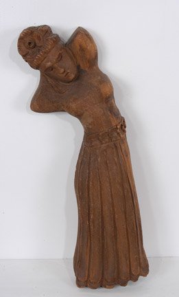 Clarence Stringfield Woman: Clarence Stringfield Woman in Long Dress. Carved wood. 20" h. Provenance: Ben Apfelbaum. Est. $800-1,200 Ship: $25