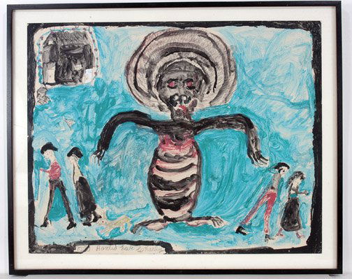 Charlie Kinney Haint: Charlie Kinney Haint. Poster paint on posterboard, 32" w x 26" h including nice archival frame. Provenance: Chuck & Jan Rosenak. Est. $800-1,200 Ship: $35