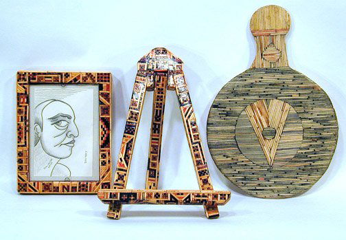 Gerald Hawks Three Matchstick Assemblages: Gerald Hawks Hand Fan, Picture Frame and Picture Stand. Matchstick assemblages. The picture frame contains a small original drawing by Jack Savitsky. Provenance: Chuck and Jan Rosenak. Est. $400-800 S