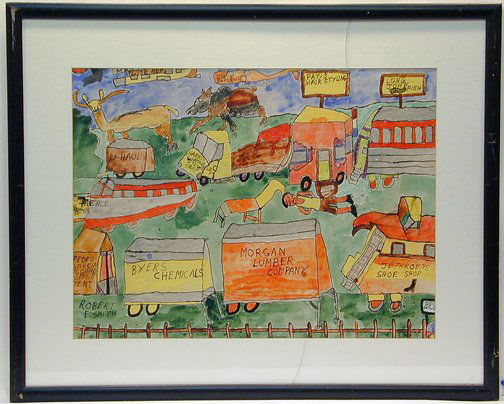 Robert Smith Morgan Lumber Company: Robert Smith Morgan Lumber Company. Tempera on paper. Image is 24" w x 18"h. Framed, but glass is cracked. Est. $300-500 Ship: $35