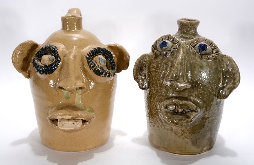 Jerry Brown. Pair Of Frog Green Face Jugs. (1 of 2)