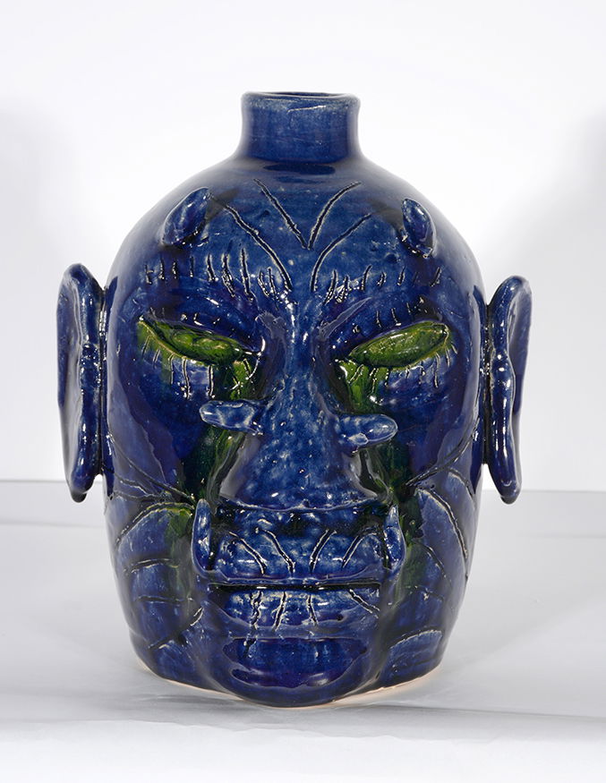 Edwin Meaders. Blue Devil Face Jug With Crying Green (1 of 7)