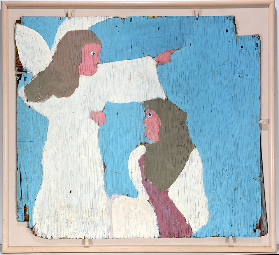 Sam Doyle. Annunciation.: Sam Doyle. Annunciation. c. 1981. Initialed on verso. Doyle’s Personal Outdoor Christmas Display. Housepaint on found board. Great condition. Image is 34” w x 31”h. Frame is 38” w x 36”h. Pr