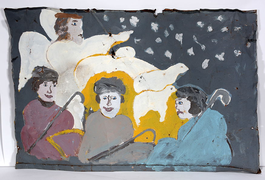 Sam Doyle. Shepherds.: Sam Doyle. Shepherds. c. late 1960’s. Initialed on verso. Paint on found and weathered tin. Great environmental condition. 43” w x 28”h. Provenance: Louanne LaRoche Collection. Exhibited at The