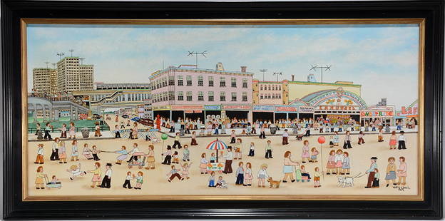 Vestie Davis. Coney Island.: Vestie Davis. Coney Island. 1969. Oil on canvas. Large example. Some minor crazing in the sky, otherwise excellent condition. Size with frame is 39.5”w x 20”h. Est. $3,000-5,000. Ship: $75