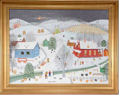 Mattie Lou O’Kelley. Snowy Farm.: Mattie Lou O’Kelley. Snowy Farm.1990. Signed, dated and titled. Oil on canvas. Excellent condition. Large example. Image is 32” w x 24”h. Frame is 37” w x 30”h. Est. $10,000-15,000. Ship: $1