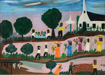 Clementine Hunter. Large Funeral Procession.: Clementine Hunter. Large Funeral Procession. c. 1950. Initialed. Oil on upsom board. Very minor loss at church roof, otherwise excellent condition. Image is 29” w x 22”h. Frame is 34” w x 26”h