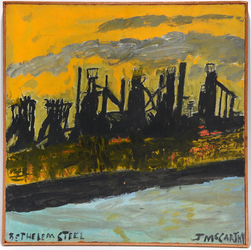 Justin McCarthy. Bethelem Steel.: Justin McCarthy. Bethelem Steel. Signed and titled. Paint on masonite. Excellent condition. Size with frame is 24” x 24”. Est. $1,000-2,000. Ship: $65