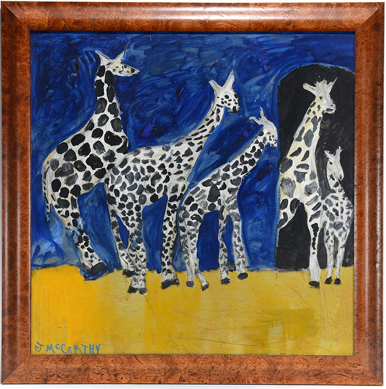 Justin McCarthy. Family Of Giraffes.: Justin McCarthy. Family Of Giraffes. Signed. Not dated. Paint on masonite. Some paint loss and overpaint, otherwise good condition. Size with frame is 28” w x 28”h. Est. $1,000-2,000. Ship: $55
