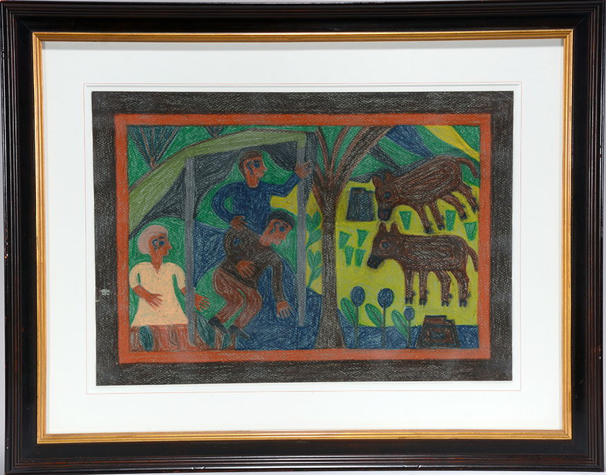 Eddie Arning. Wild Hogs At The Door.: Eddie Arning. Wild Hogs At The Door. Not signed. Craypas and crayon on poster. Excellent condition. Image is 22” w x 16”h. Frame is 31” w x 24”h. Est. $2,000-3,000. Ship: $85