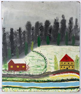 Sanford Darling. House And Barn.: Sanford Darling. House And Barn. c. 1960’s. Not signed. Oil on masonite. Great condition. 20” w x 22”h. Provenance: John Turner. Est. $500-800. Ship: $45