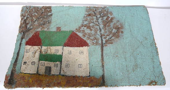 Sanford Darling. House With Red And Green Roof.: Sanford Darling. House With Red And Green Roof. Not signed. Paint on back of wool rug. Fair condition. 22” w x 18”h. Provenance: John Turner. Est. $300-400. Ship: $45