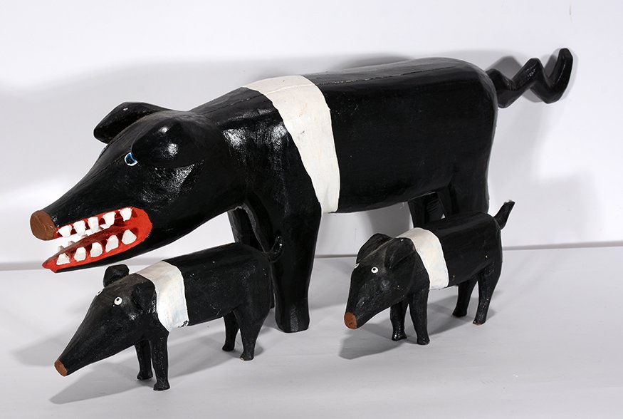 Minnie & Garland Adkins. Momma Pig With Two Piglets.: Minnie & Garland Adkins. Momma Pig With Two Piglets. 1988. Signed and dated. Carved and painted wood. Missing one tooth, otherwise all in excellent condition. Momma pig is 24” w x 9”h. Provenance: