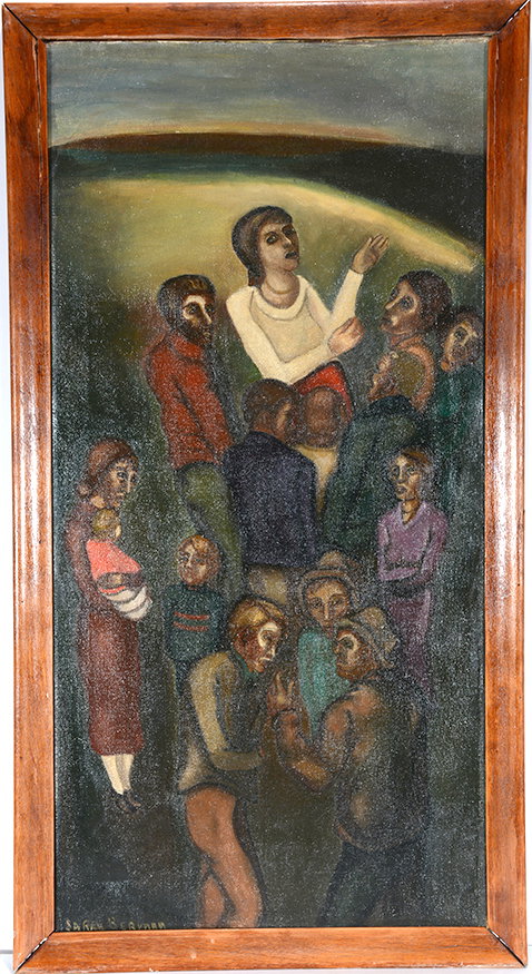 Sara Beach Berman. Political Gathering.: Sara Beach Berman. Political Gathering. Signed. Not dated. WPA-era. Oil on canvas. Minor repairs, otherwise very good condition. Image is 17” w x 34” h. Frame is 20”w x 37”h. Est. $1,000-1,500