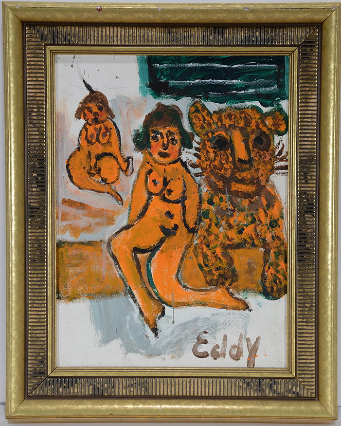 Eddy Mumma. Nude Ladies And Tiger.: Eddy Mumma. Nude Ladies And Tiger. Signed. Not dated. Oil on canvas panel. Excellent condition. Size with frame is 16” w x 20”h. Est. $500-800. Ship: $45