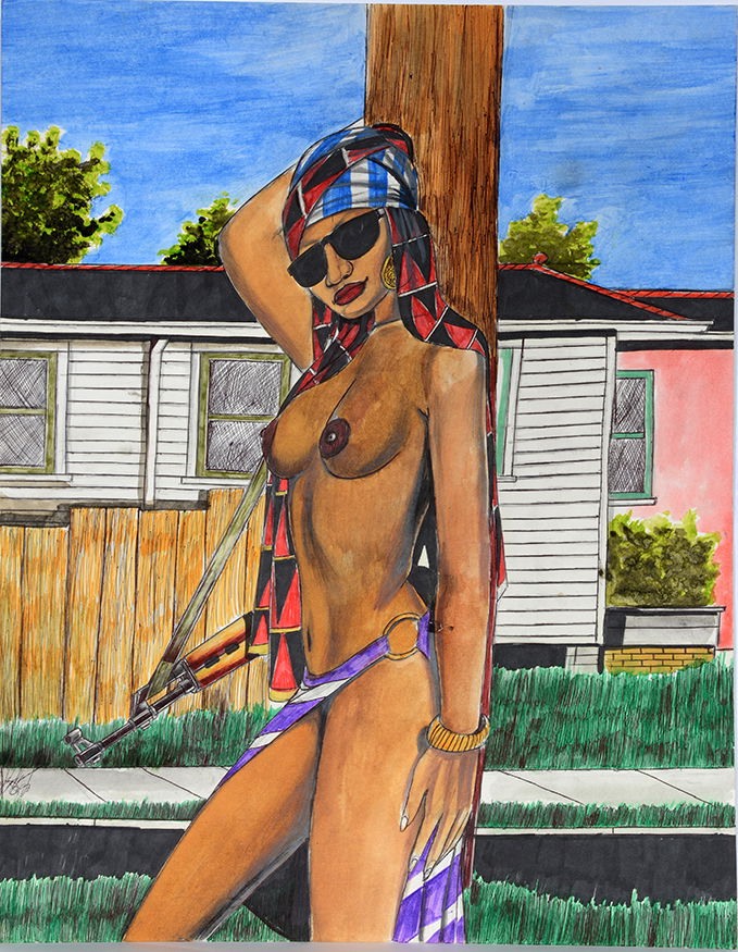 Roy Ferdinand. Nude With Gun At The Corner.: Roy Ferdinand. Nude With Gun At The Corner. 1993. Signed and dated. Marker and ink on poster. 22” w x 28”h. Excellent condition. Est. $800-1,200. Ship: $45