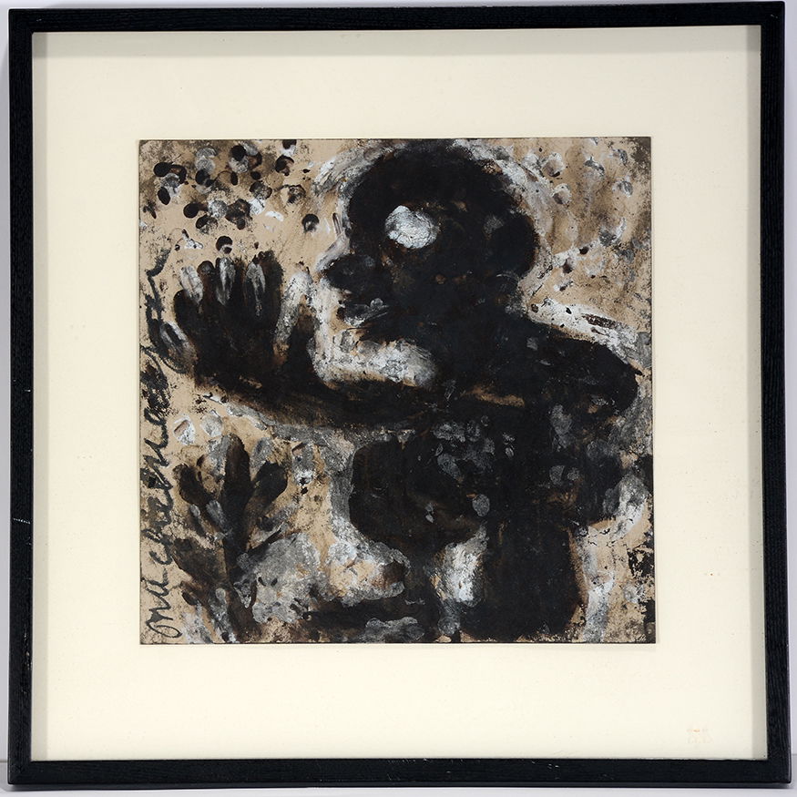 Michel Nedjar. Black Figure.: Michel Nedjar. Black Figure. Signed. Not dated. Paint on card stock. Excellent condition. Image is 12” x 12”. Frame is 18” x 18”. Est. $1,000-2,000. Ship: $45