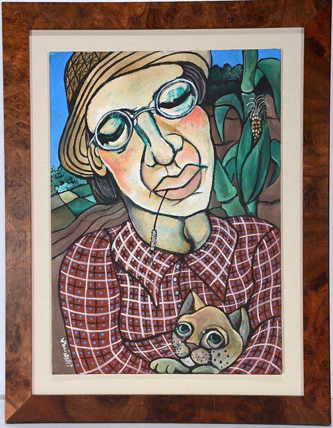 Joe Polinski. Corn Farm With Cat.: Joe Polinski. Corn Farm With Cat. Signed. Not dated. Oil on canvas panel. Excellent condition. Size with frame is 14” w x 18”h. Est. $300-600. Ship: $45