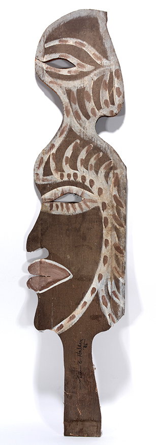 Lonnie Holley. Tribal Marker.: Lonnie Holley. Tribal Marker. 1986. Signed and dated. Carved and cutout board with paint. Great condition. 9.5” w x 40”h. Est. $1,000-2000. Ship: $45