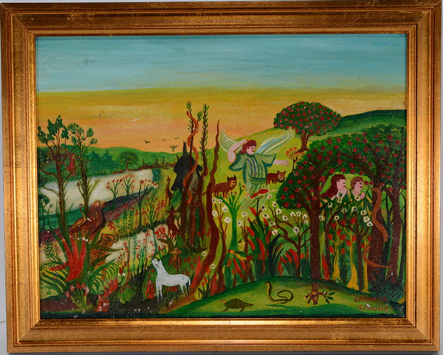 Isador “Grand Pa” Sommer. Adam & Eve.: Isador “Grand Pa” Sommer. Adam & Eve In The Garden. Signed. Oil on panel. Minor paint loss, otherwise good condition. Size with frame is 20” w x 16”h. Proceeds from the sale to benefit The Ope