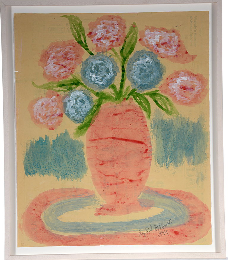 Sybil Gibson. Hydrangeas.: Sybil Gibson. Hydrangeas. 1994. Signed and dated. Watercolor on newspaper. Excellent condition. Size with frame is 25” w x 30”h. Provenance: The Sybil Gibson Family Collection. Est. $1,000-1,500. 