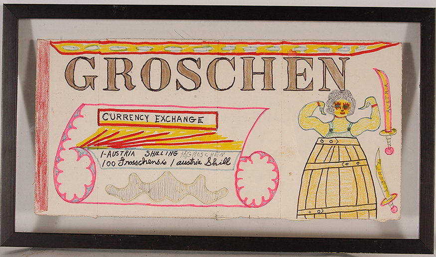 Lewis Smith. Groschen.: Lewis Smith. Groschen. Not dated. Ink and marker on graham cracker box. Not signed. Excellent condition. Size with frame is 19” w x 11”h. Est. $200-300. Ship: $35