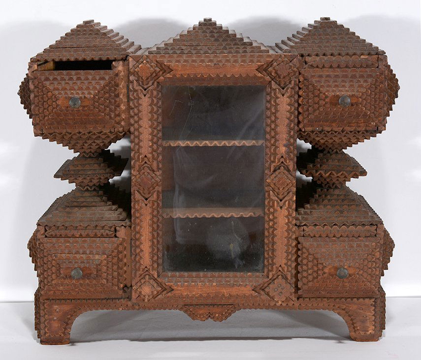 Four Tramp Art Pyramid Draws With Glass Door. (1 of 3)