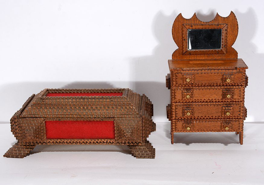 Tramp Art Secret Compartment Box & Mini Wardrobe. (1 of 3)