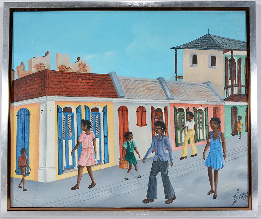Jean Claude St. Croix. Street Scene.: Jean Claude St. Croix. Street Scene. Signed. Not dated. Oil on canvas. Excellent condition. 25” w x 21”h. Est. $300-500. Ship: $45