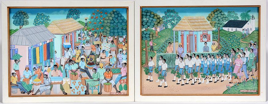 Eddy Valmont. School Kids and Street Scene.: Eddy Valmont. School Kids and Street Scene. 1993-94. Signed and dated. Pair of paintings. Oil on canvas. Excellent condition. Each with frame is 17” w x 13”h. Est. $500-1,000. Ship: $45