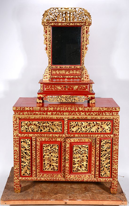 Chinese Highly Decorated Wardrobe With Mirror. (1 of 4)