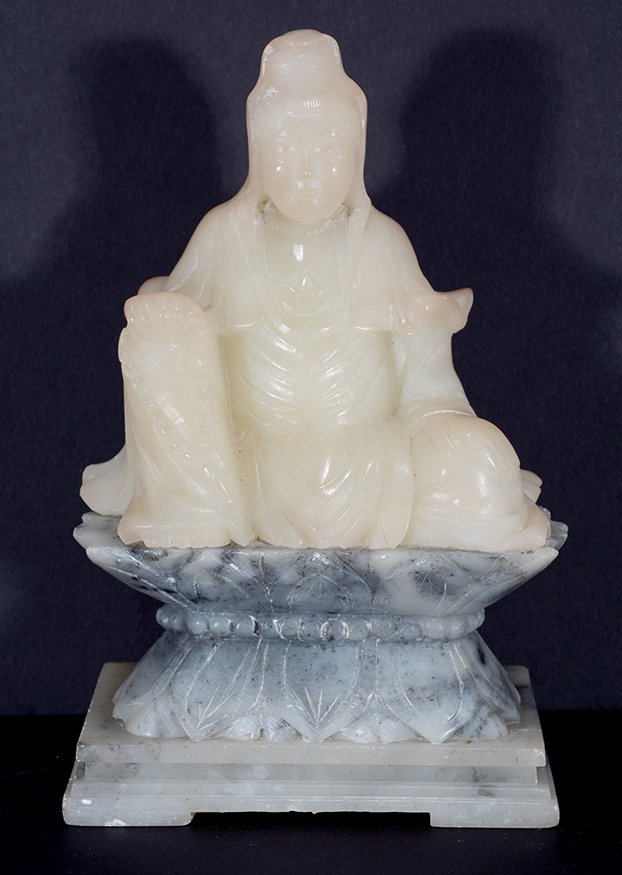 Chinese Cream-Colored Jade Figure.: Chinese Cream-Colored Jade Figure. Carved jade on soapstone base. Not signed. Excellent condition. 4.5” x 7”h x 3”. Est. $800-1,200. Ship: $35